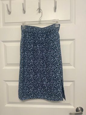 Blue Floral Elastic-Waist Midi Skirt